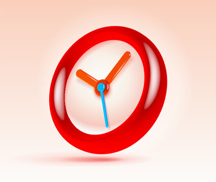 Glossy red 3D clock icon with vibrant orange hands and blue second hand on a soft background. Modern time, reminder, deadline, productivity and schedule concept.