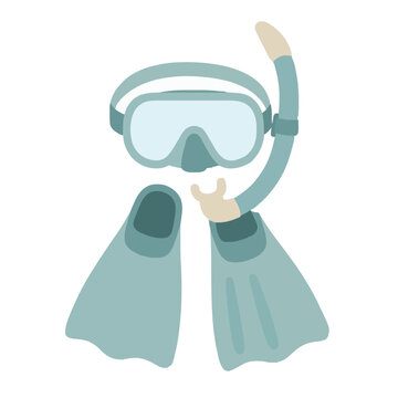 A clean and simple flat vector illustration of a snorkeling mask with a snorkel and a pair of swim fins, perfect for summer vacation concepts, ocean sports, and underwater exploration hobby graphics.
