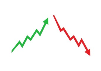 Obraz premium Green rising arrow and red falling arrow isolated on white background