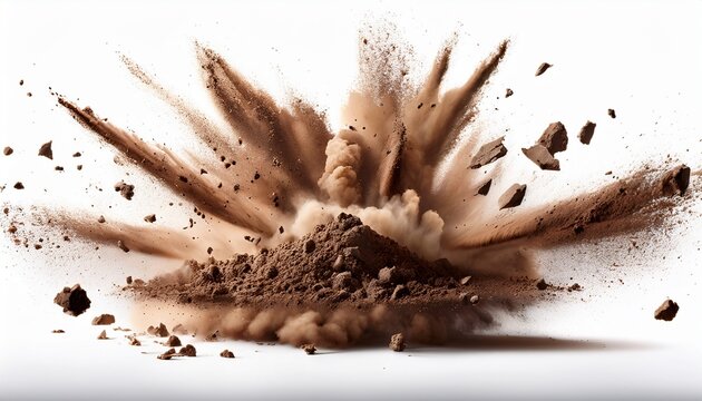 explosive soil dirt eruption with debris flying on a white background