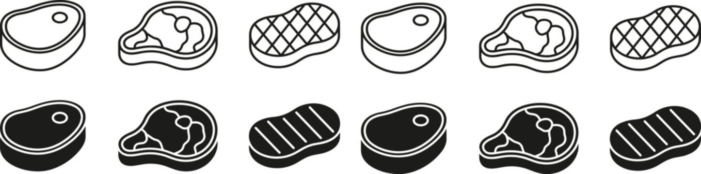 Steak meat icon set showing outline, silhouette, and grill pattern versions for food, restaurant, barbecue, and culinary concept flat vector illustration