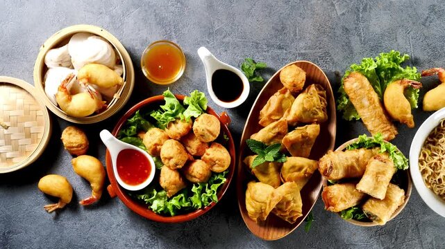 Asian street food and snacks assortment top view flat lay video