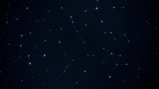 Dark background displays connected glowing points forming complex network patterns. Abstract digital illustration.