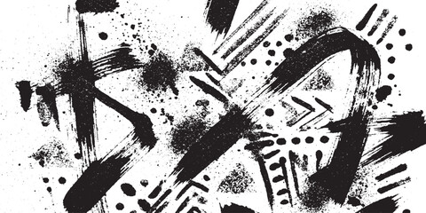 Fototapeta premium Abstract black brush strokes and splatters on white background with geometric patterns and dots