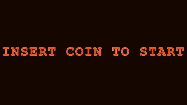 Retro arcade insert coin to start text animation on dark 4k background, gaming