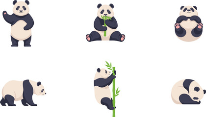 Cute giant panda character vector illustration set waving eating bamboo rolling walking climbing and sleeping for wildlife conservation and nursery designs © Md. Al-Amin