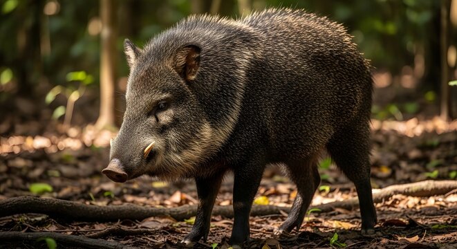 Collared peccary walking through a sun-dappled forest floor with soft bokeh background