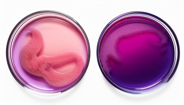 two round petri dishes with pink and purple substance isolate on white background cutout
