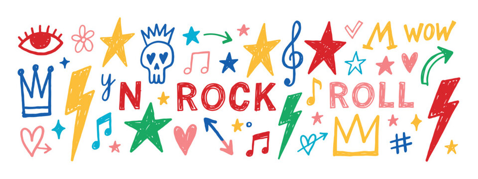 Hand drawn rock and roll lettering with musical notes and star shapes