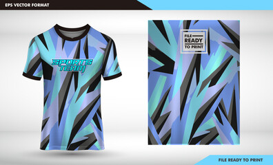 Modern E sport Jersey Design Template Featuring Dynamic Abstract Geometric Patterns in Shades of Blue Light Blue Grey and Black Perfect for Custom Sports Team Apparel Production © Jinzo Series