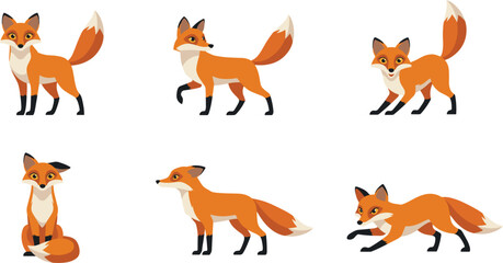 Obraz premium Cute red fox character vector illustration set standing walking sitting crouching and pouncing for forest wildlife conservation and children education designs