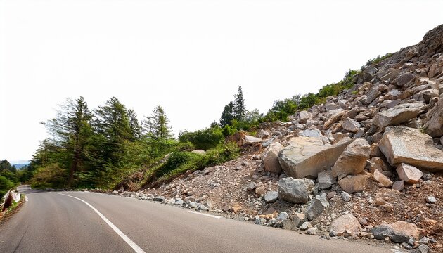 rockslide on mountain road causing damage with fallen boulders isolate on white background cutout png