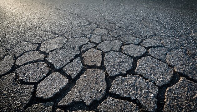 a rugged asphalt texture in sharp close up showing coarse gravel fine cracks and worn surface details under soft natural light