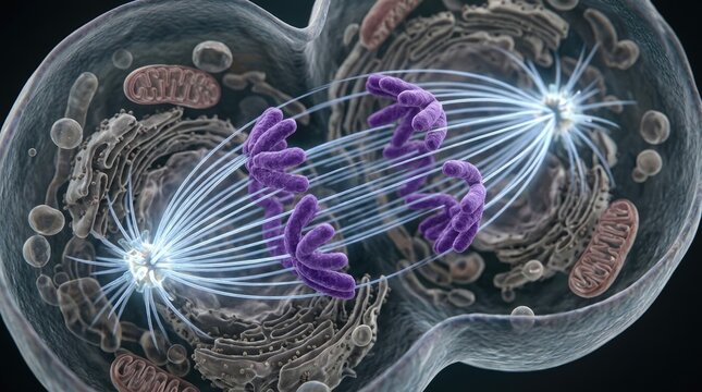 Cell division process demonstrating chromosome segregation, spindle fiber pulling genetic material to opposite pole of microscopic organism, showing active mitosis phase.