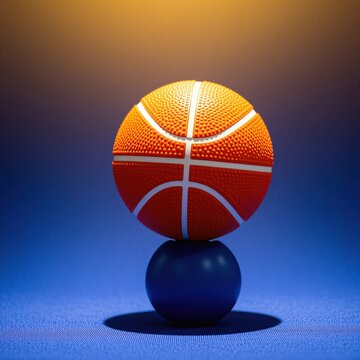Orange basketball rests on small blue sphere. Studio lighting creates warm glow from above. Sport equipment is centered on textured blue surface.