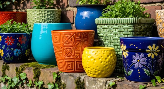Colorful ceramic plant pots arranged on a stone wall with lush green foliage during daylight