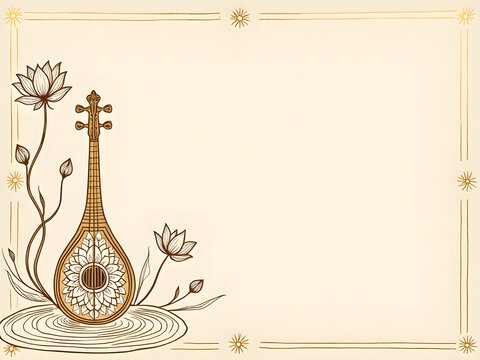 veena instrument and lotus flowers frame background
