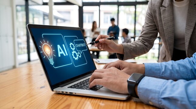 Artificial intelligence chatbot interface on laptop screen, business people using AI technology for innovation, digital transformation in modern office