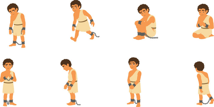 Ancient sad slave man character pose set with prisoner in metal shackles and chains for historical storytelling, educational graphics, and textbook illustrations