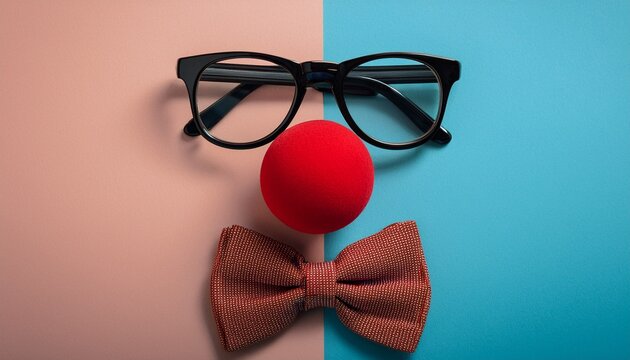 funny glasses red clown nose and tie lie on a colored background like a face