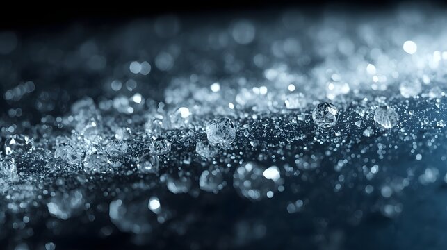 Macro shot of glittering diamond crystals and ice particles on dark blue metallic surface