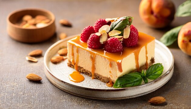peach raspberry cheesecake topped with caramel glaze almond flakes basil leaves warm kitchen light rustic plate fresh summer dessert