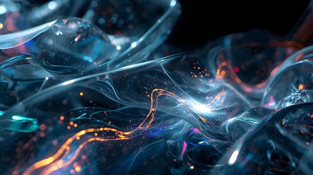 Abstract futuristic fluid glass wave with glowing neon orange light trails and cyan sparkles