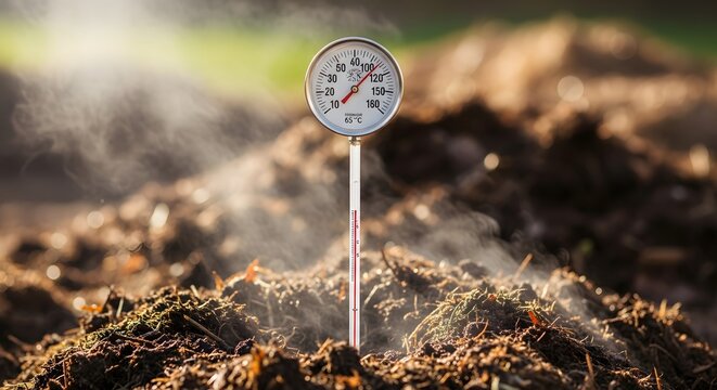 Compost thermometer measuring hot organic matter during decomposition with steam rising in sunlight