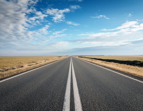 a minimal view of an asphalt road leading to the horizon under a clear blue sky with soft clouds and subtle texture in natural daylight