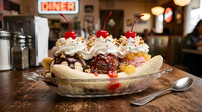 Banana split sundae in a retro diner, classic ice cream dessert with whipped cream and cherry, perfect for National Banana Split Day