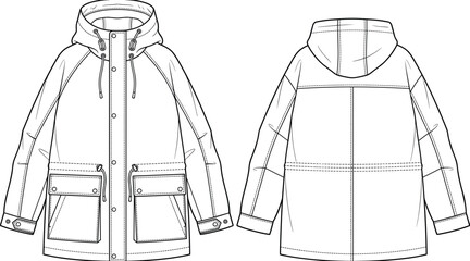 Fashion flat sketch of a casual hooded parka jacket with drawstring waist vector illustration © Mdjoshel 
