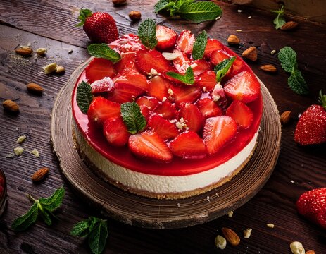 strawberry cheesecake with glossy red topping sliced berries mint leaves nut crumbs rustic table creamy celebration dessert