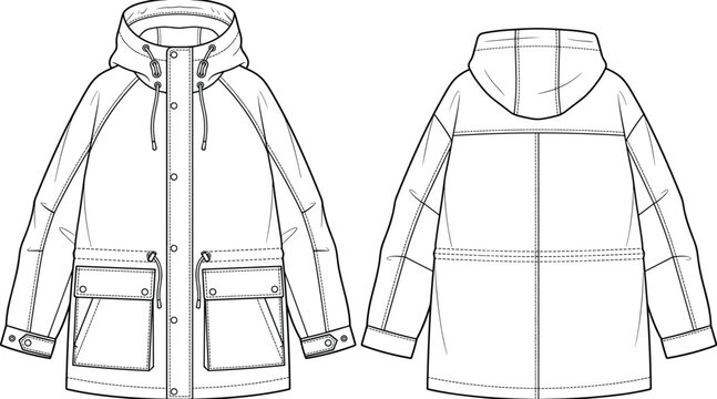 Fashion flat sketch of a casual hooded parka jacket with drawstring waist vector illustration