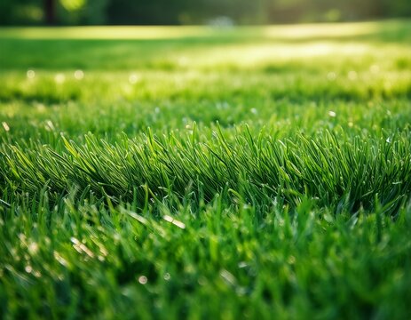 close up of a smooth even green lawn texture with vibrant grass blades and soft natural lighting ideal for backgrounds