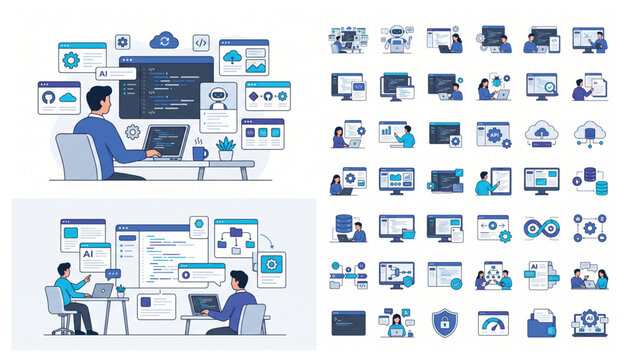 Software Engineering and Technical Development Illustration with Team Collaboration and Productivity Icons