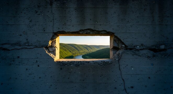 Cracked concrete wall revealing a lush green valley with a winding river during golden hour