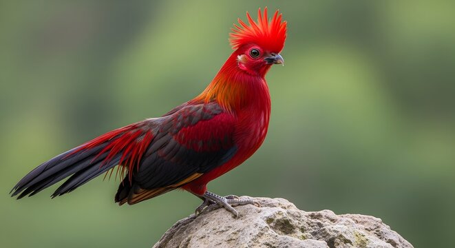 Crimson Crested Male Bird Perched on Rock with Soft Green Foliage Background in Natural Light