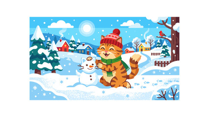 Fototapeta premium Cute ginger cat building a snowman in winter landscape, cartoon kitten in hat and scarf playing in snow, festive holiday vector illustration