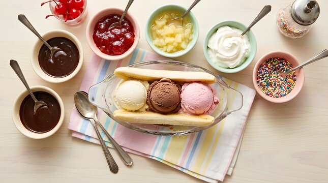 Banana split ice cream sundae with toppings, classic dessert with scoops and sauces, perfect for National Banana Split Day