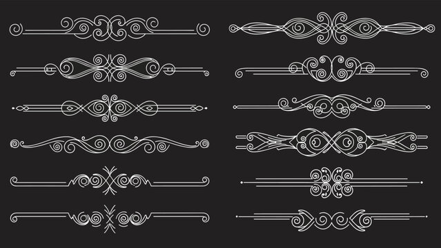 White decorative calligraphic page dividers on dark background offer elegant scroll accents for design layouts.