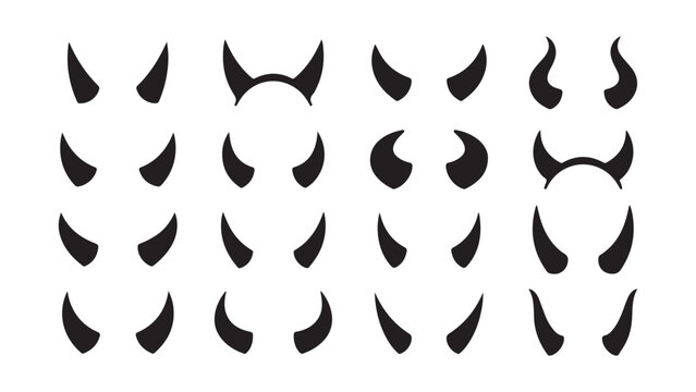 Black Devil Horn Silhouettes Set for Halloween and Fantasy Graphics