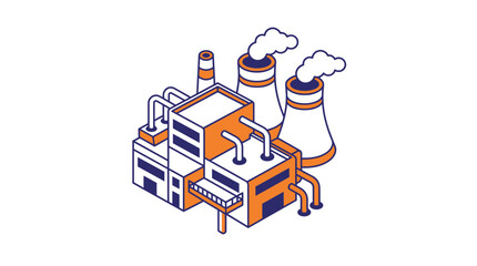 Naklejka premium Isometric Factory Building with Smoke Stacks and Pipes, Industrial Production