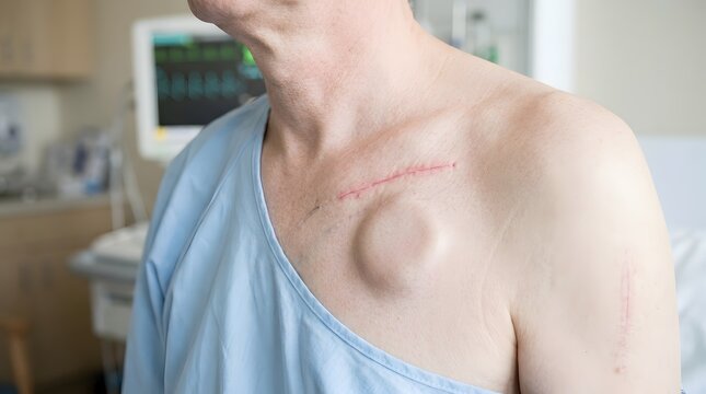 Medical professional examining pacemaker implant site. Doctor assessing post-surgery recovery on patient's chest.