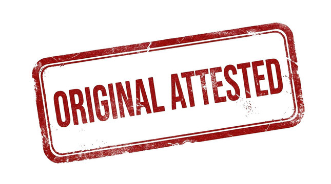 Original Attested red rubber stamp. Grunge ink seal for document verification and approval.
