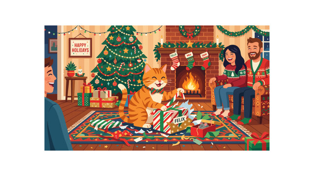 Whimsical cat joyfully unwraps Christmas presents with a family watching