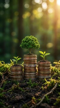 Small trees growing on stacks of coins in a forest, symbolizing financial growth, investment, and environmental sustainability