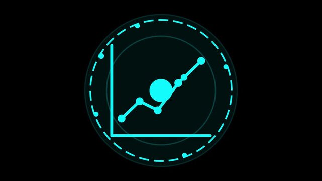 Glowing blue holographic futuristic HUD graph icon displaying upward financial growth trends and data analytics on a black background