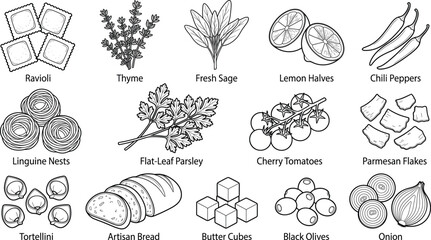 Fototapeta premium Hand Drawn Italian Cooking Ingredients Collection with Pasta Herbs Bread Vegetables and Culinary Food Outline Illustrations