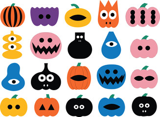 Fototapeta premium Halloween pumpkins and spooky faces in a colorful flat design