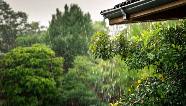 rain pouring from a roof gutter onto trees in a lush garden